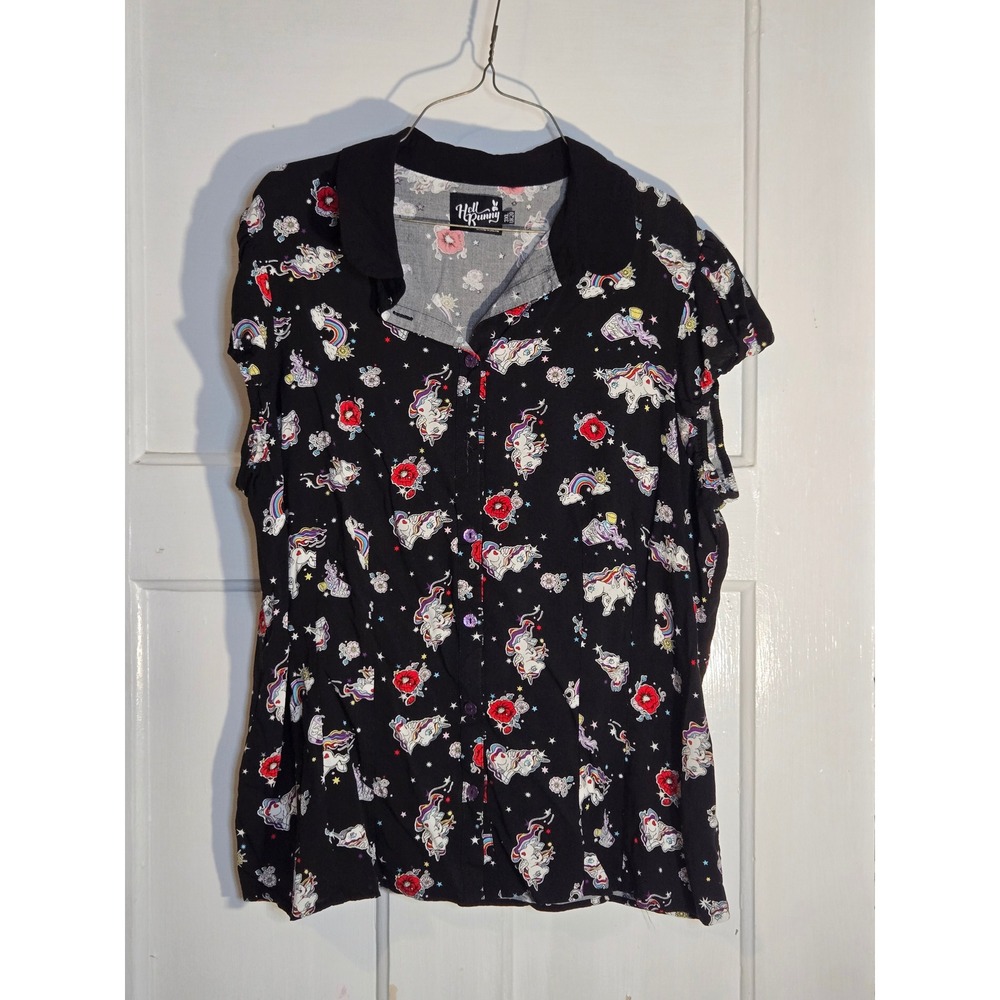 Hell Bunny Unicorn Rainbow Poppy Button Up Blouse Black 3XL UK20 Missing 1Button